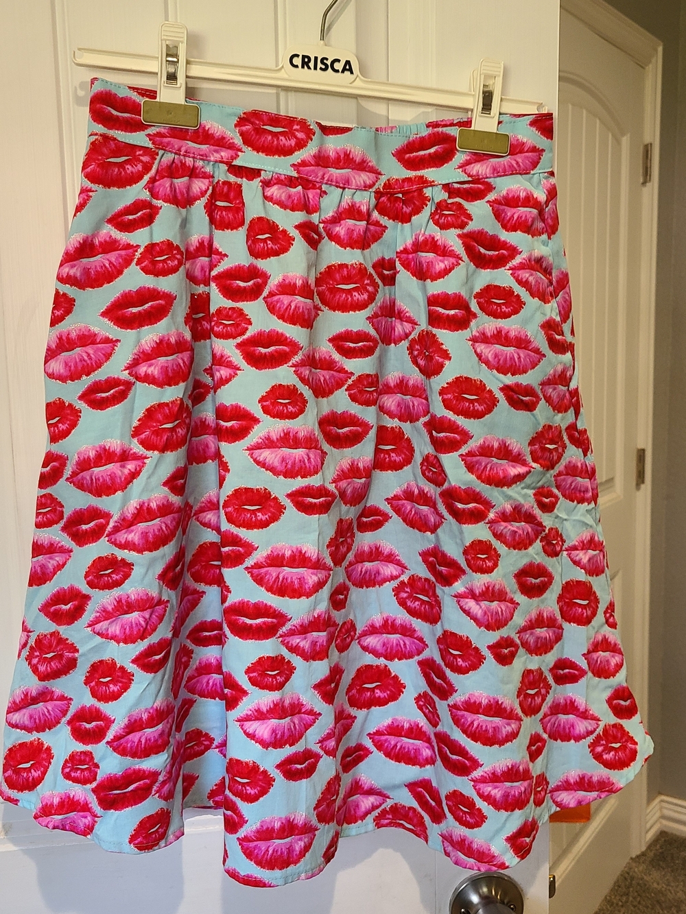 Retrolicious Pink & Red Lip Print Circle Skirt on Light Blue - Picture 1 of 5